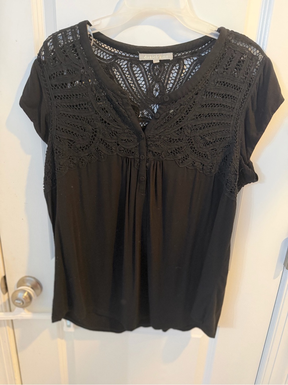 Daniel Rainn Black Crochet Yoke Cap Sleeve Top